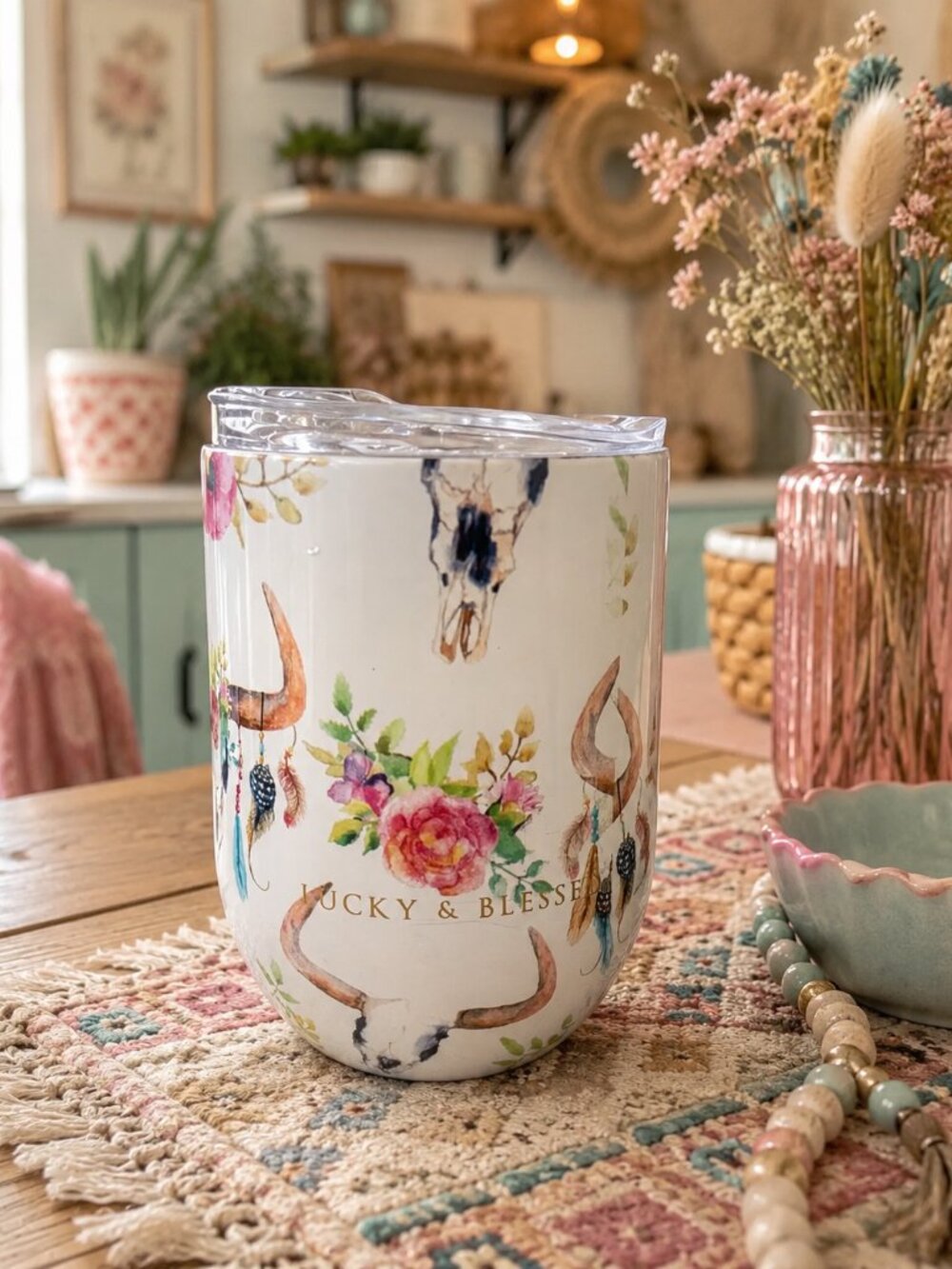 Lucky & Blessed White Floral Bull Stemless Cup - Picture 1 of 6